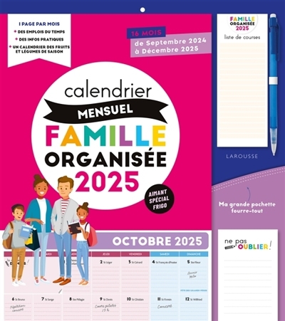 Calendrier mensuel Famille organisée 2025 : De septembre 2024 à décembre 2025 | Agenda et Calendrier et journaux intime