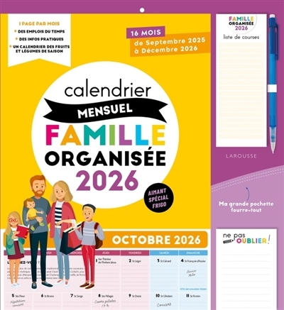 Calendrier mensuel Famille organisée 2026 : De septembre 2025 à décembre 2026 | Collectif