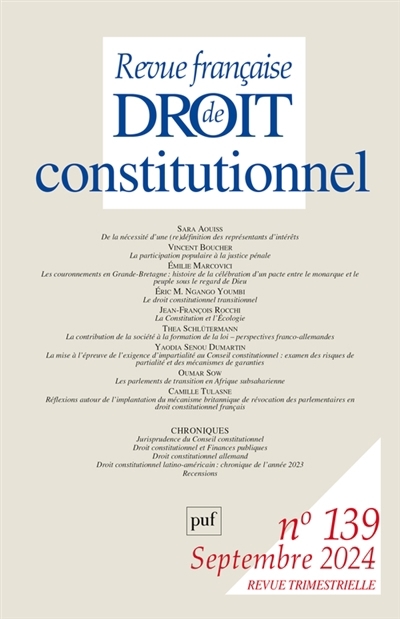 Revue française de droit constitutionnel, n°139. Varia | 