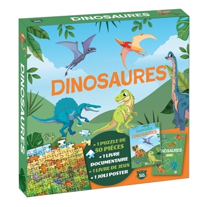 Dinosaures : 1 puzzle de 50 pièces, 1 livre documentaire, 1 livre de jeux, 1 joli poster | Masson, Nicole (Auteur) | Caudal, Yann (Auteur) | Ekpo, Dorine (Illustrateur)