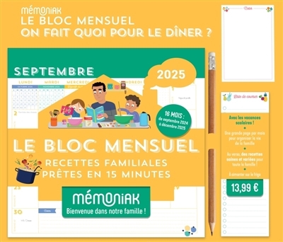Bloc mensuel On fait quoi pour le dîner ? : recettes familiales prêtes en 15 minutes : 2025 (Le) | Agenda et Calendrier et journaux intime