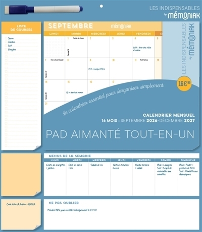 Pad aimanté tout-en-un Mémoniak : calendrier mensuel 16 mois, septembre 2026-décembre 2027 : le calendrier essentiel pour s'organiser simplement | Ed. 365 (Auteur)