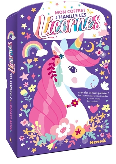 Mon coffret J'habille les licornes : Avec des stickers pailletés ! Des licornes silhouettées à habiller, un carnet créatif, des pochoirs | 